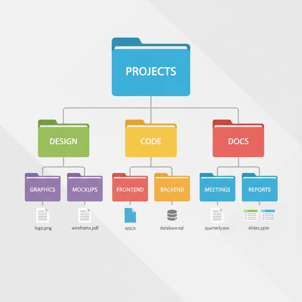 Hierarchical folder structure illustration with color-coded nested directories, demonstrating a clear and logical digital file organization system.