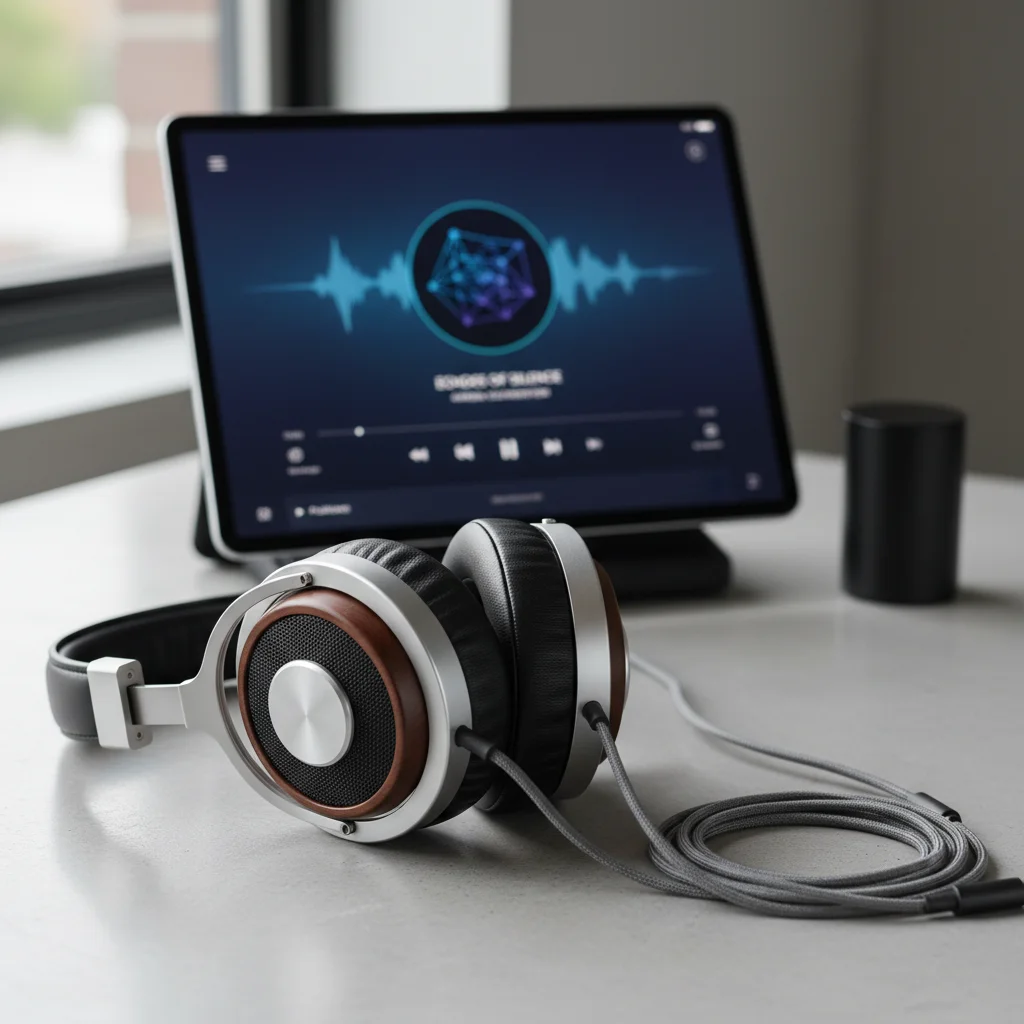 High-fidelity headphones on a desk with a tablet displaying a music streaming service.