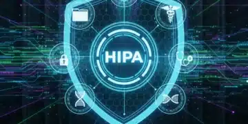 Digital shield with HIPAA logo protecting patient data in healthcare