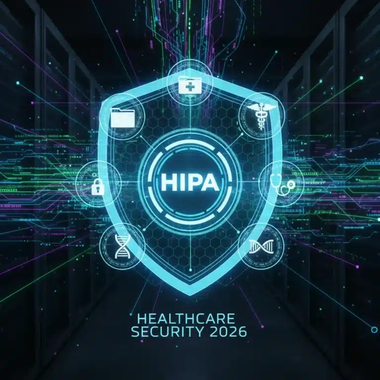 Digital shield with HIPAA logo protecting patient data in healthcare