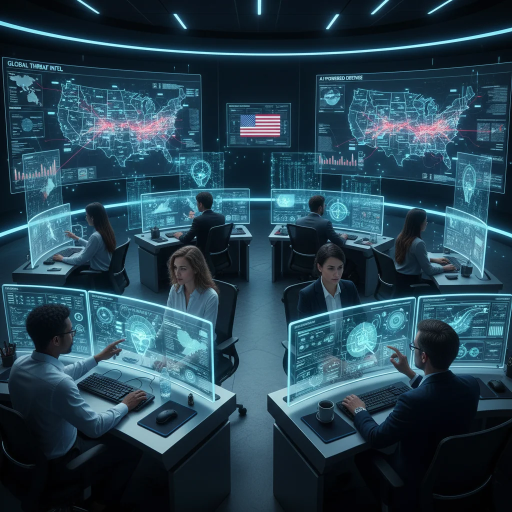 Cybersecurity analysts collaborating with AI interfaces in a U.S. security operations center, demonstrating human-AI synergy.
