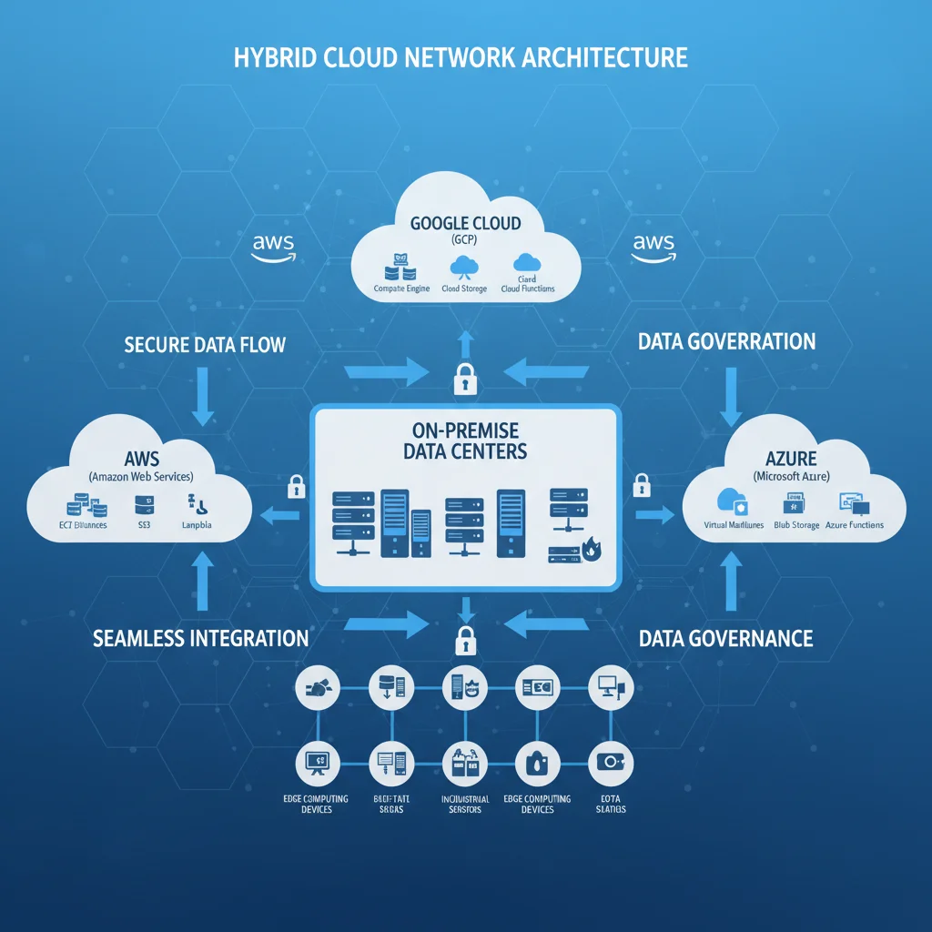 Hybrid cloud architecture diagram showing interconnected public, private, and edge clouds