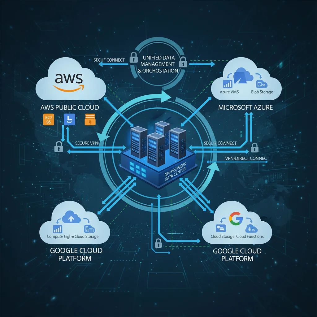Hybrid cloud architecture integrating AWS, Azure, and Google Cloud