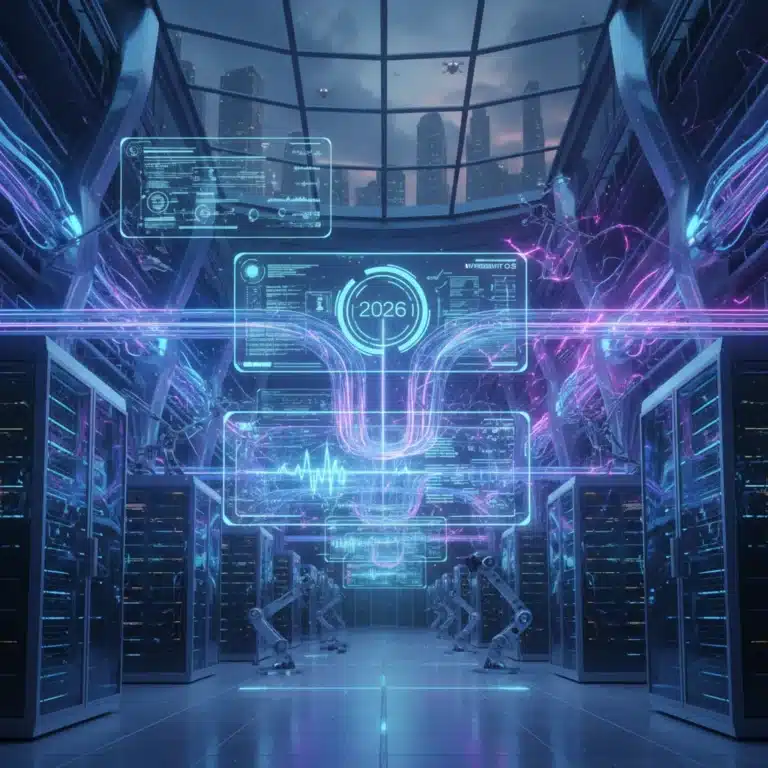 Futuristic data center representing hybrid cloud management in 2026
