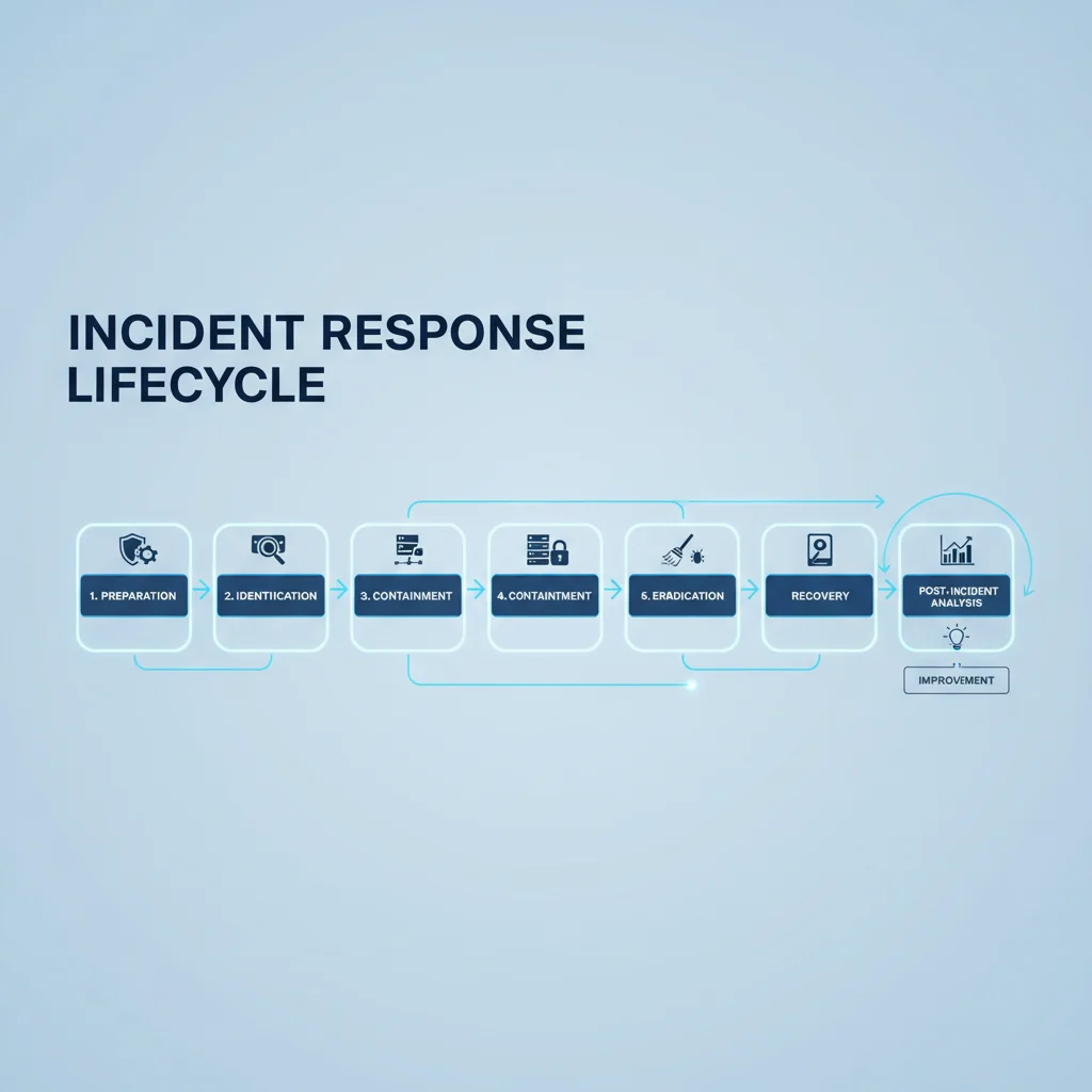 Incident response lifecycle flowchart with digital icons