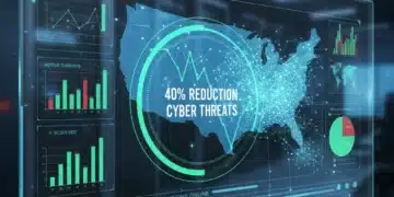 Digital dashboard showing 40% cyber risk reduction for U.S. businesses with integrated security software.