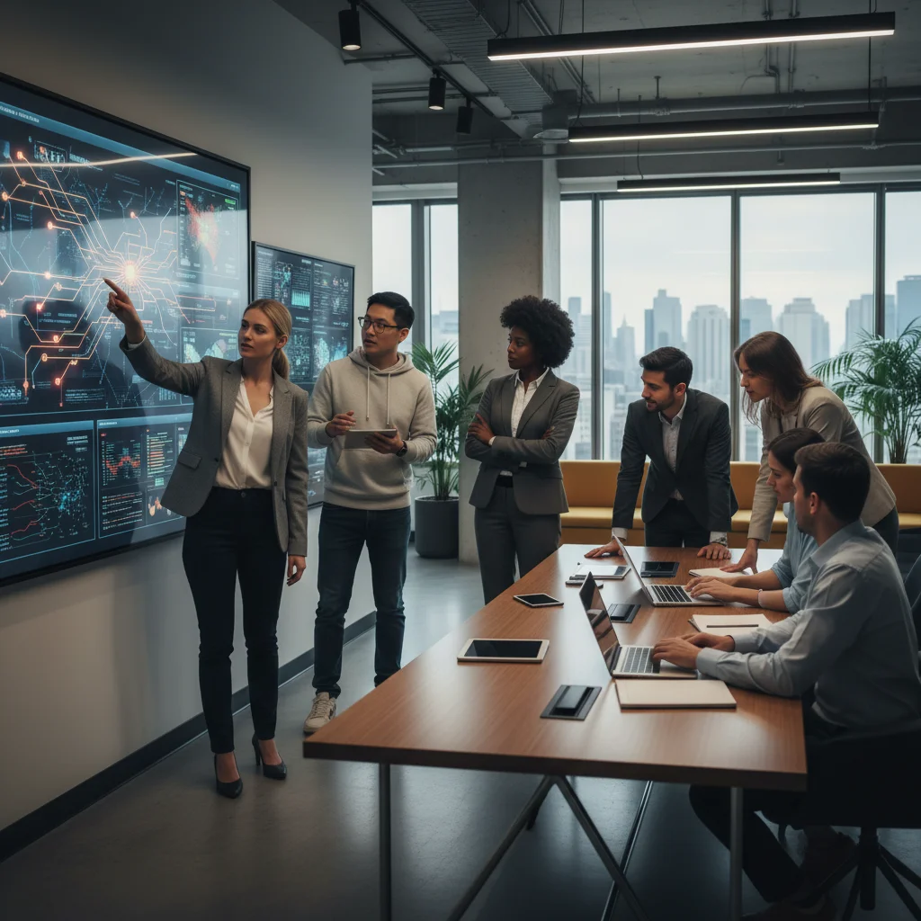 Professionals analyzing IoT network diagrams and security dashboards, discussing strategic IoT security decisions.