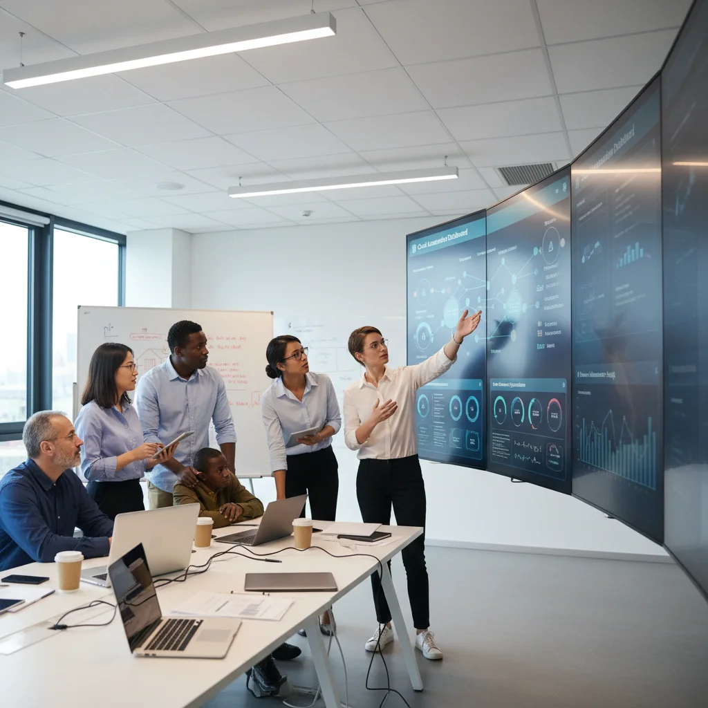 IT team collaborating on cloud automation dashboards and analytics