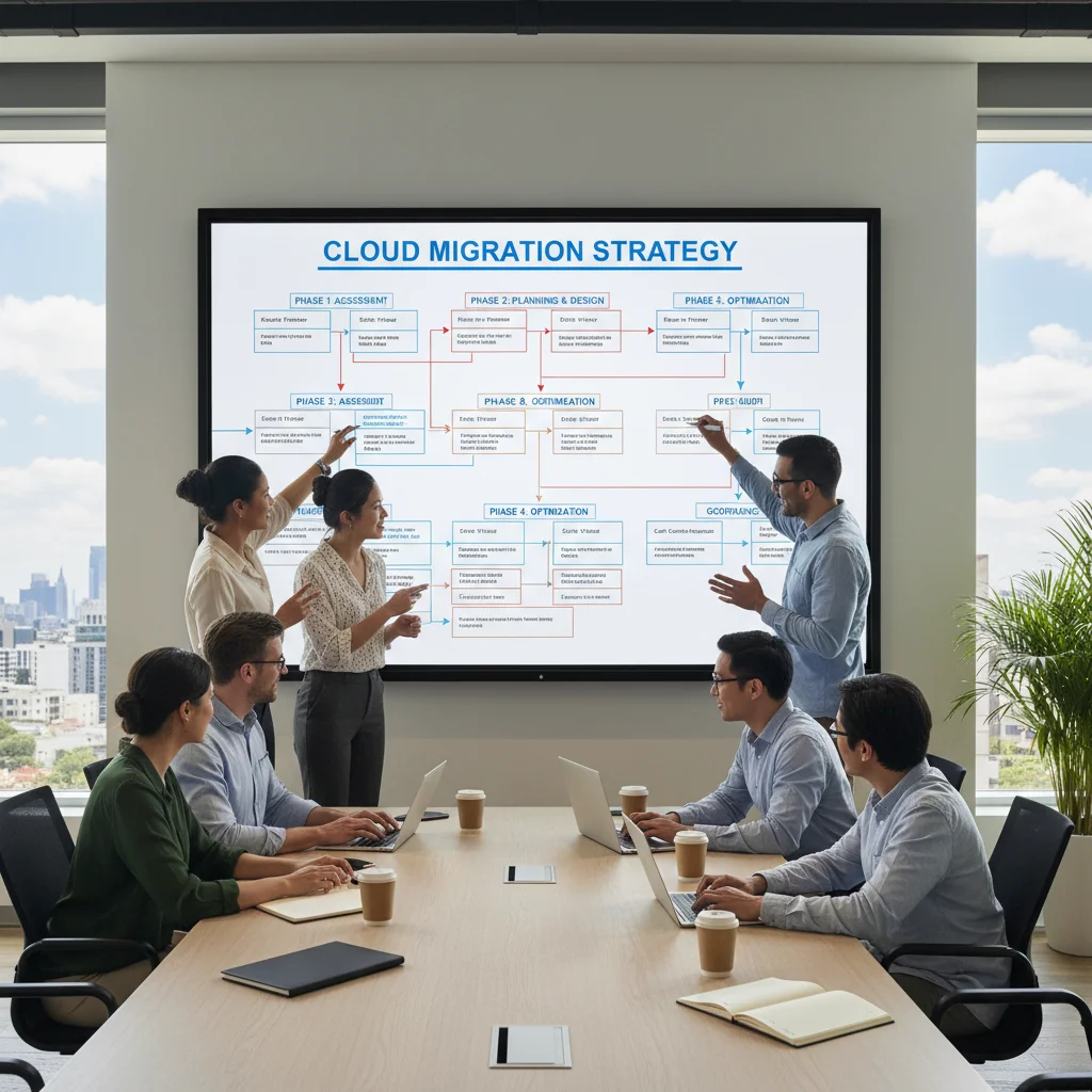 IT team collaborating on a detailed cloud migration strategy on a digital whiteboard.