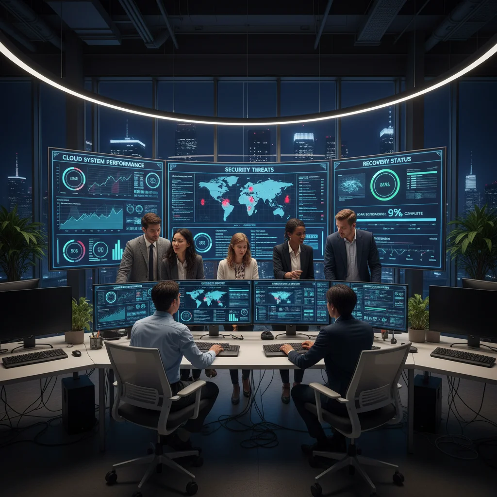 IT team monitoring real-time cloud performance and disaster recovery dashboards.