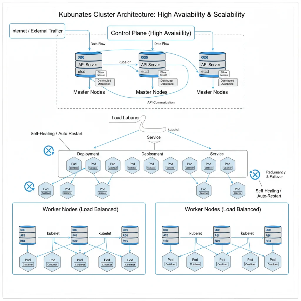 Diagram illustrating the architecture of a Kubernetes cluster with master and worker nodes, pods, and services.