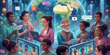 Diverse users learning languages on futuristic apps, global connection