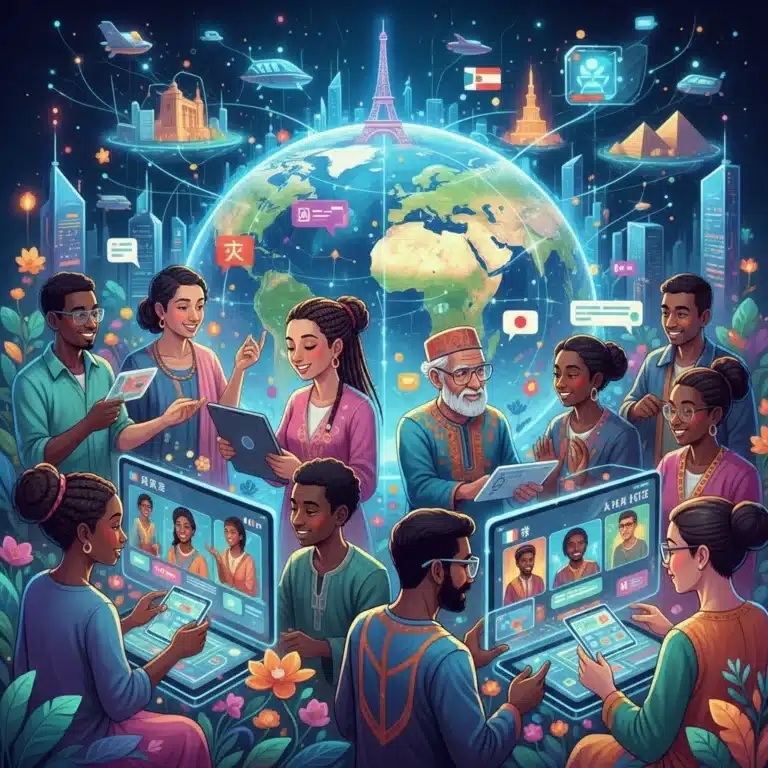 Diverse users learning languages on futuristic apps, global connection