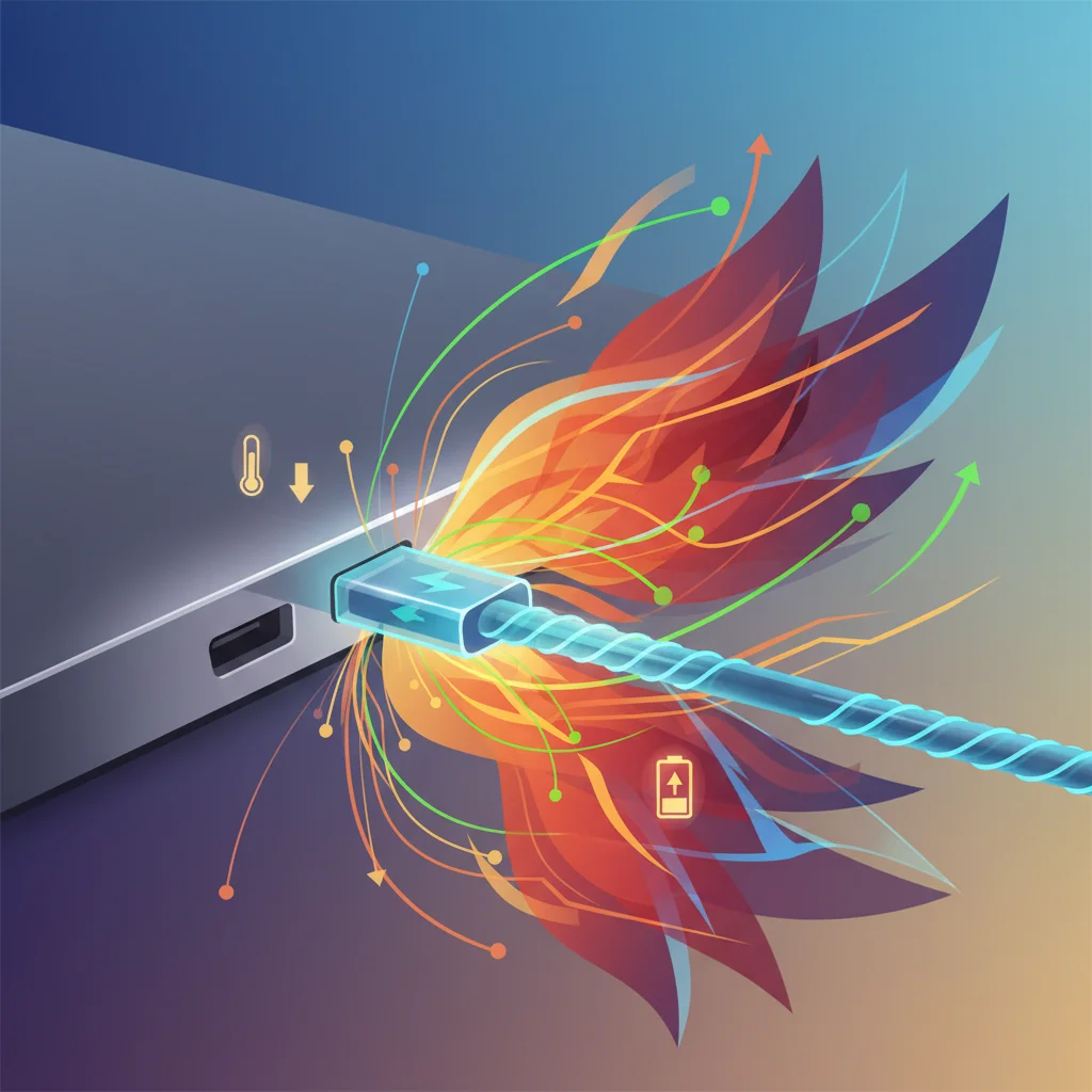 Illustration of laptop charging port with glowing cable, representing efficient charging and thermal management.
