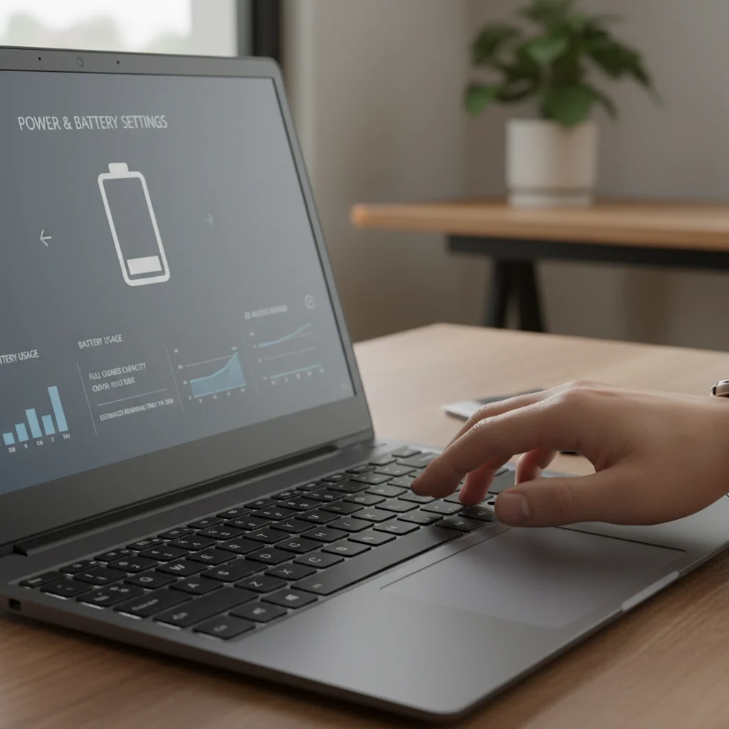 Close-up of laptop screen showing power settings, hand interacting with trackpad for battery optimization.