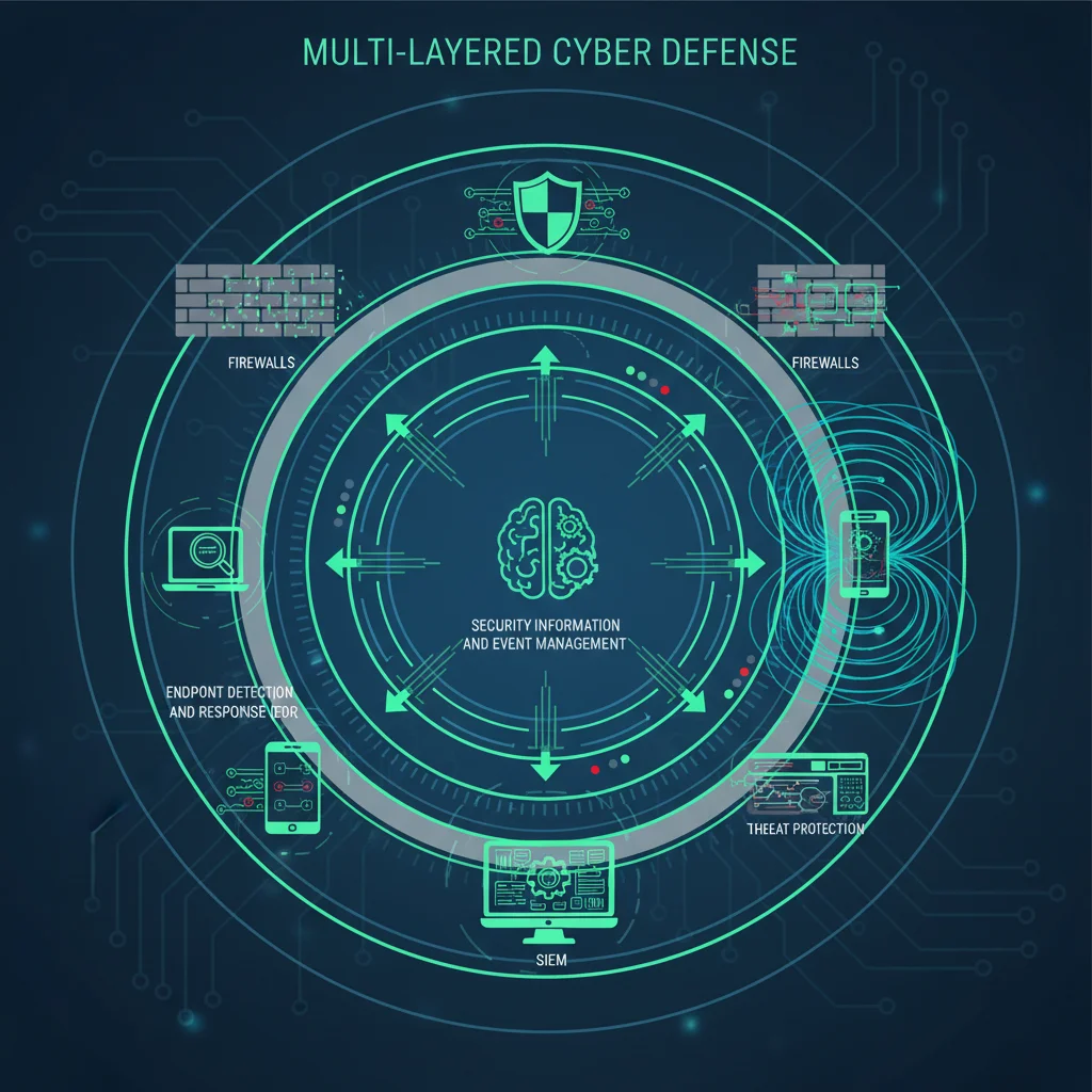 Infographic illustrating layered cybersecurity defenses, including EDR and SIEM, for comprehensive threat protection.