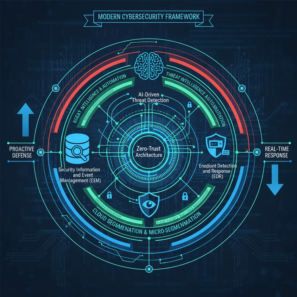 Infographic illustrating layered modern cybersecurity framework components.