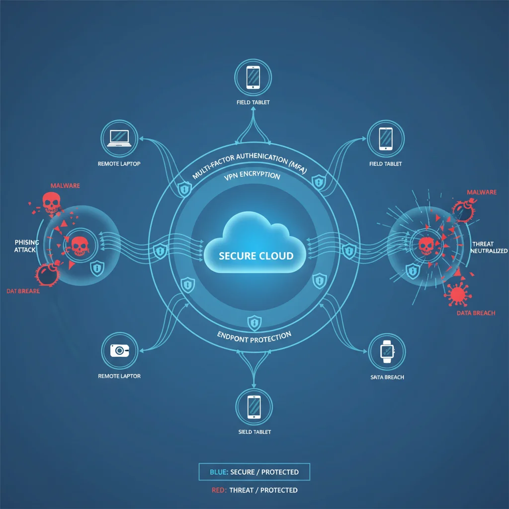 Infographic illustrating layered cybersecurity for remote work