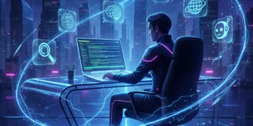 Person learning Python coding on a laptop with futuristic data visualizations.