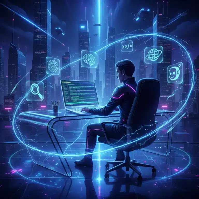 Person learning Python coding on a laptop with futuristic data visualizations.