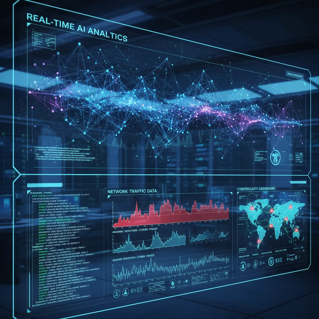 Machine learning models analyzing network traffic for cyber threats, showcasing real-time anomaly detection and data processing.