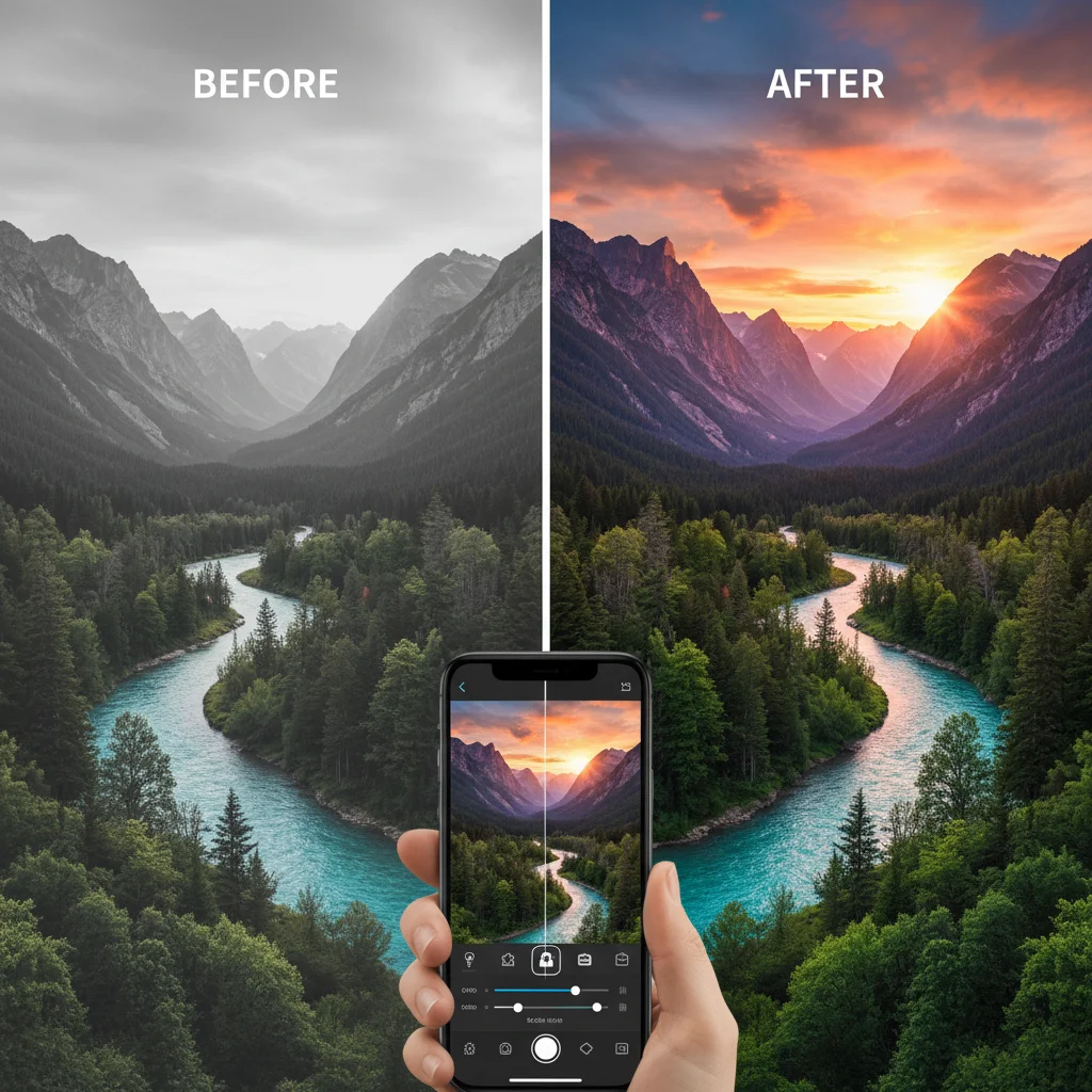 Before and after photo editing example on a smartphone, showcasing enhanced colors.