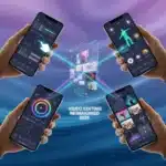Futuristic mobile phones displaying diverse video editing app interfaces for 2026, with creative tools.