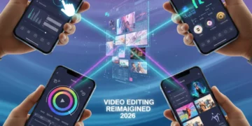 Futuristic mobile phones displaying diverse video editing app interfaces for 2026, with creative tools.