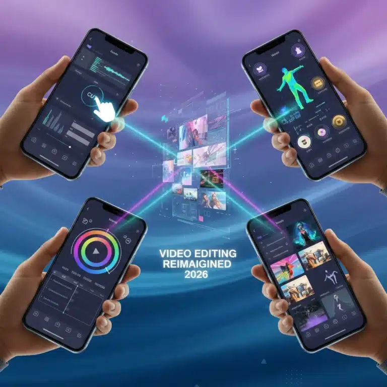 Futuristic mobile phones displaying diverse video editing app interfaces for 2026, with creative tools.