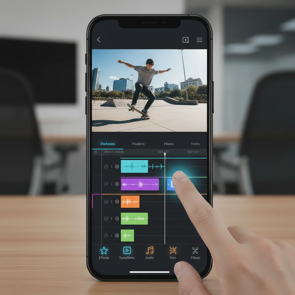 Mobile phone displaying a professional video editing timeline with effects and real-time preview.