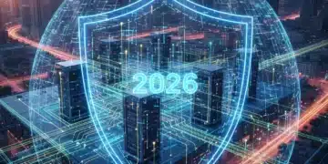 Futuristic digital shield protecting business data in 2026, representing modern cybersecurity.