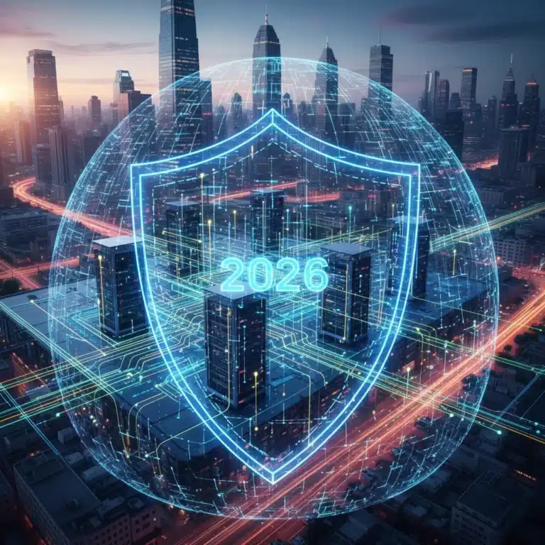 Futuristic digital shield protecting business data in 2026, representing modern cybersecurity.