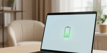 Modern laptop with full battery icon in a home office setting, symbolizing extended battery life.