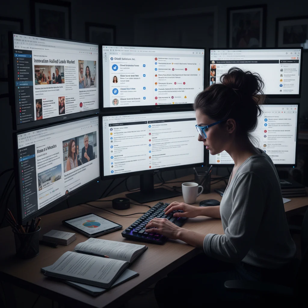 Person monitoring multiple screens for online reputation management and analysis.