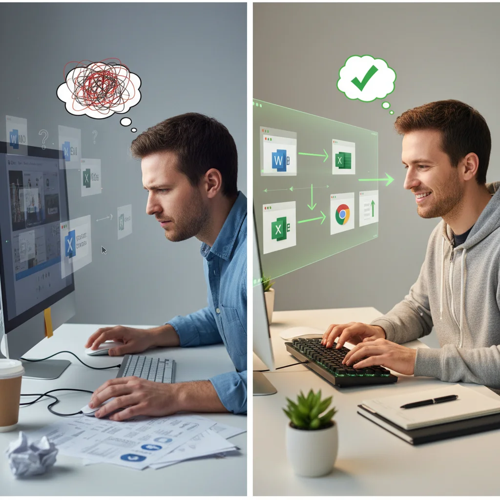 Comparison of mouse-based navigation versus efficient keyboard shortcut usage.