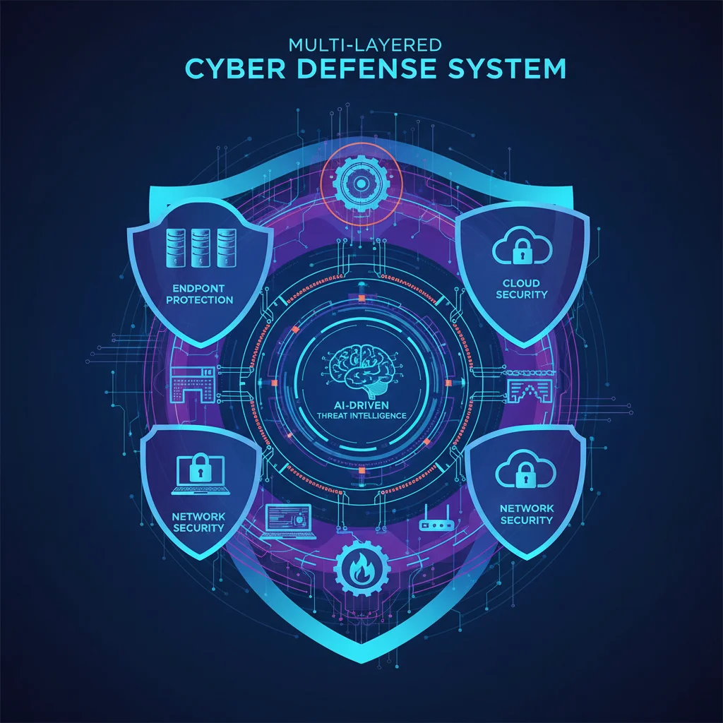 Infographic of multi-layered cybersecurity defense system, including endpoint, network, and cloud security with AI.