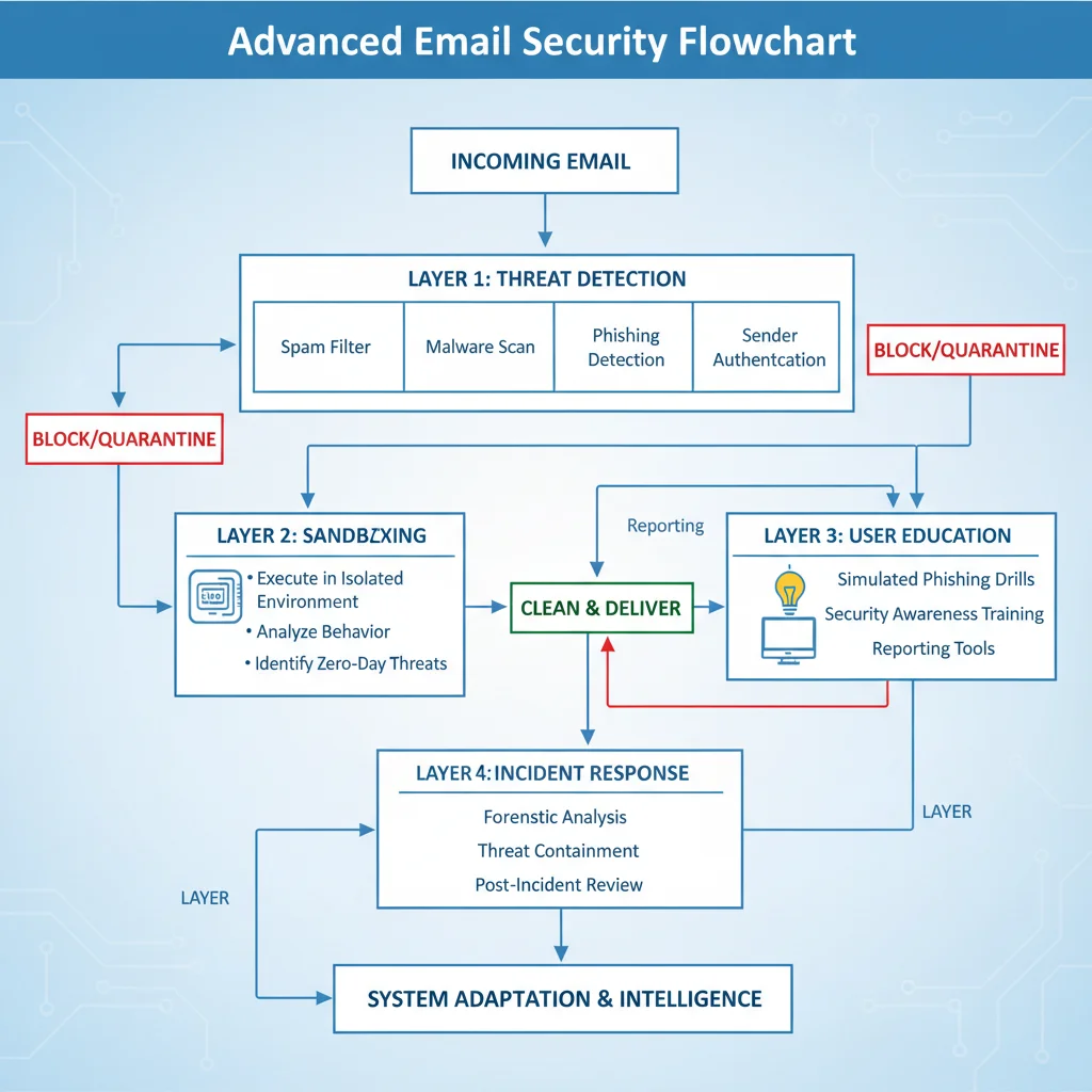 Multi-layered defense flowchart of advanced email security.