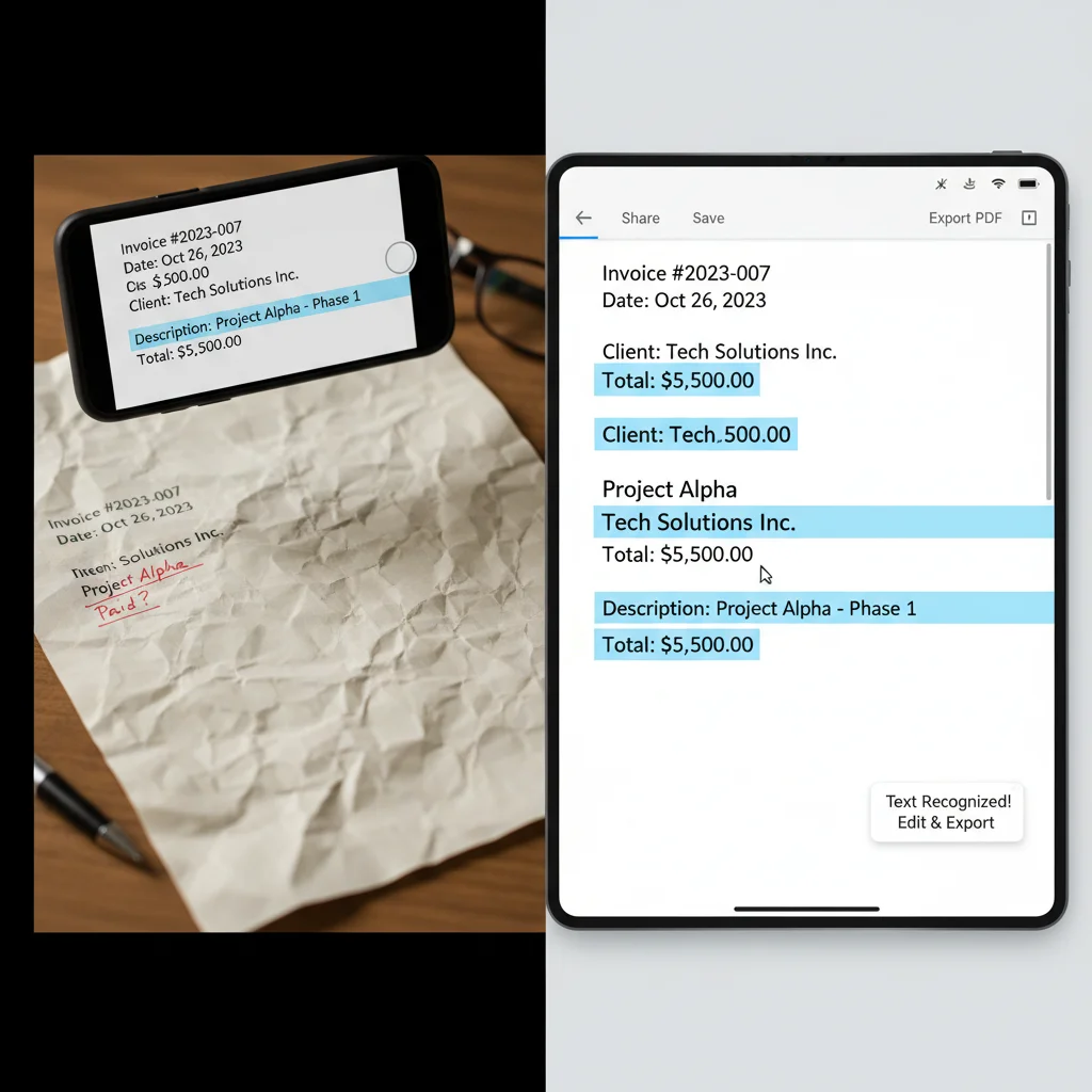 OCR technology transforming a scanned paper document into editable digital text.