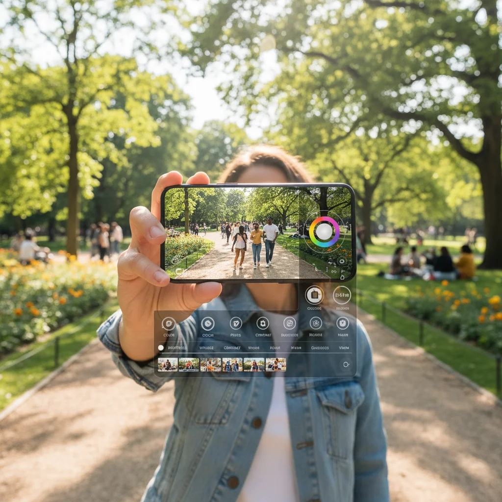 Person filming outdoors with a smartphone, with a mobile video editing app interface overlay for on-the-go editing.