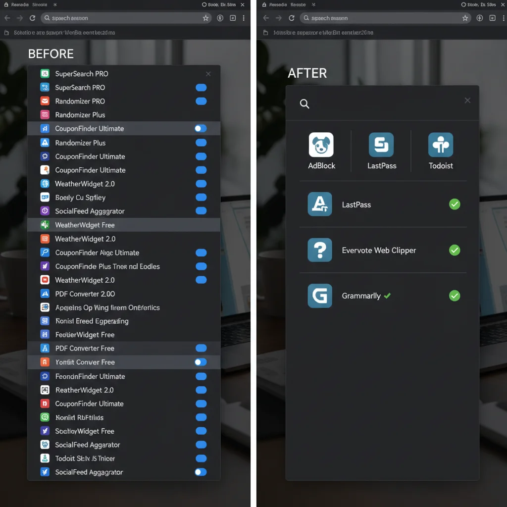 Before and after comparison of a browser's extension panel showing organized extensions