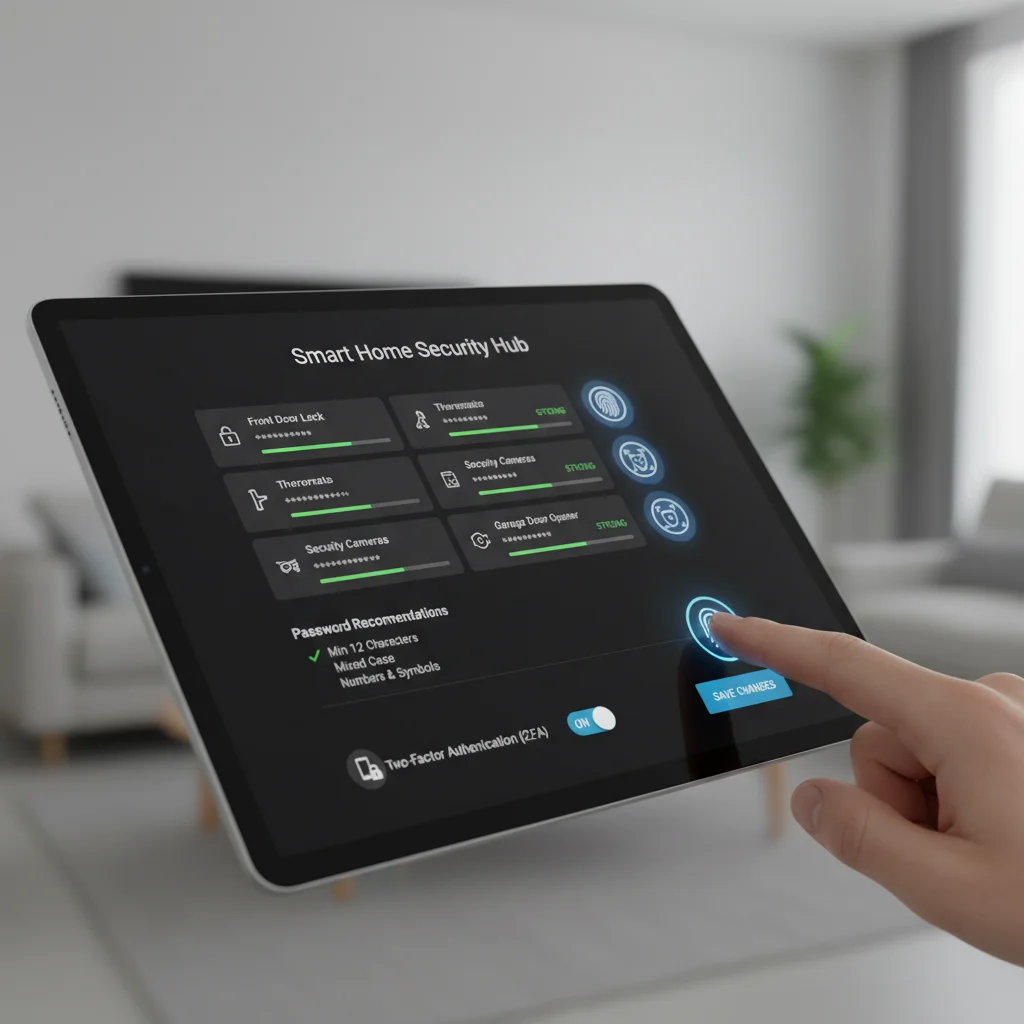 User managing complex smart home passwords and 2FA on a tablet for enhanced security.