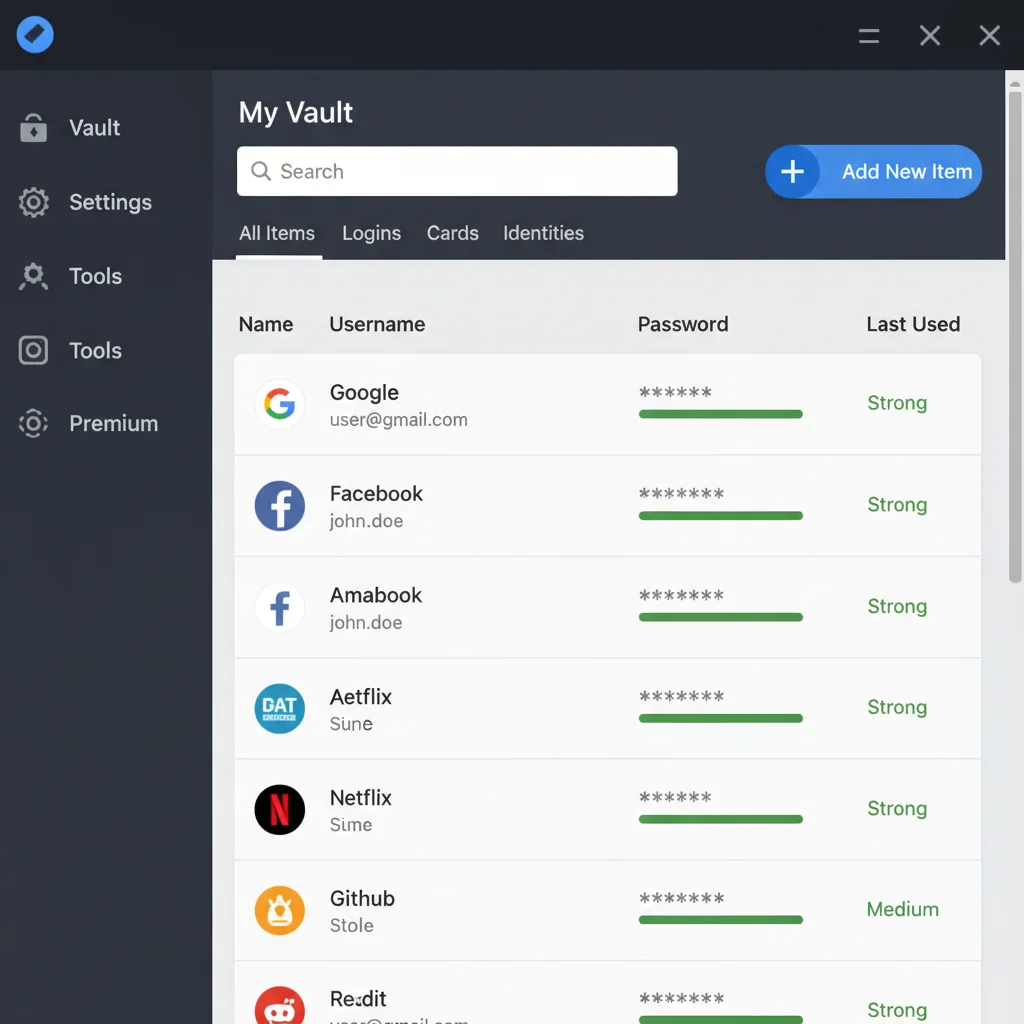 Screenshot of a password manager dashboard showing organized login entries and strong password indicators.