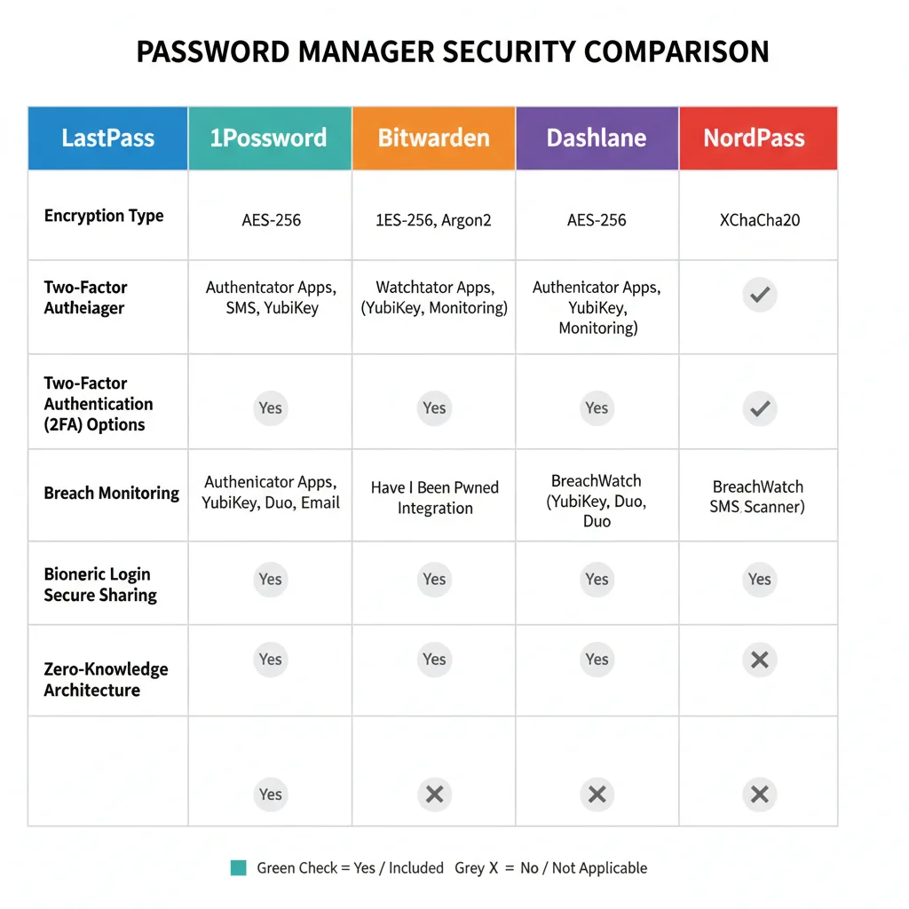Infographic comparing security features of LastPass, 1Password, Bitwarden, Dashlane, KeePass, and NordPass.