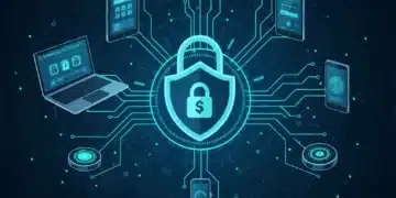 Digital lock with shield icon representing robust password manager security across devices.
