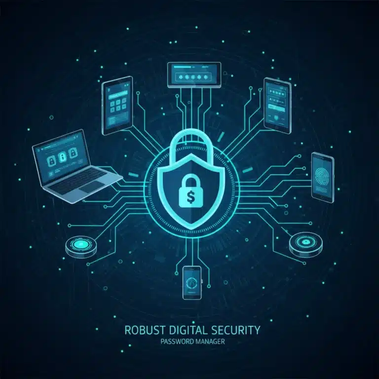 Digital lock with shield icon representing robust password manager security across devices.