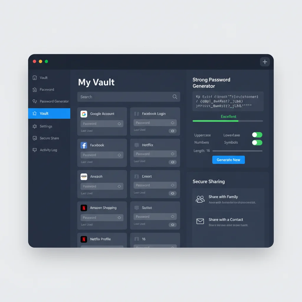 Screenshot of a password manager's intuitive interface displaying a secure vault and password generator.