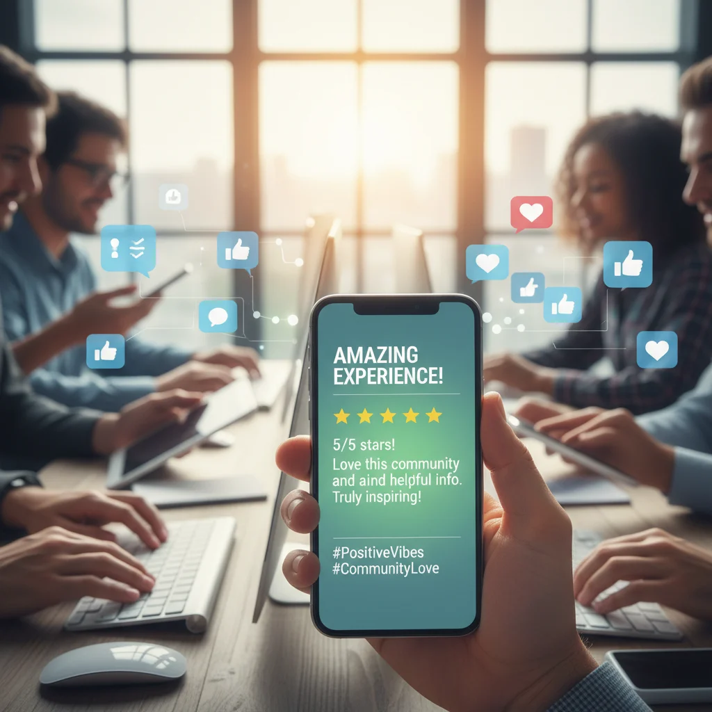Hand holding smartphone with positive review, symbolizing proactive content and engagement.