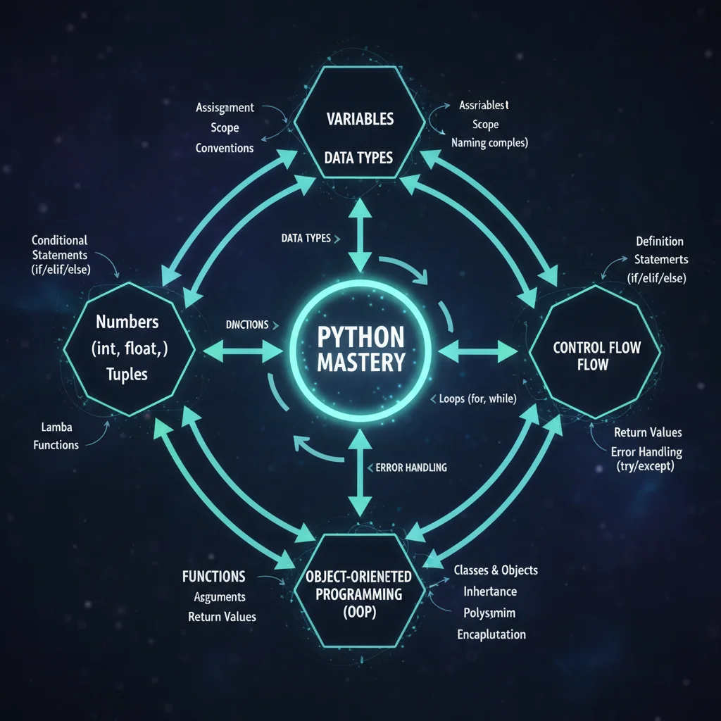 Mind map of Python programming concepts and their relationships.