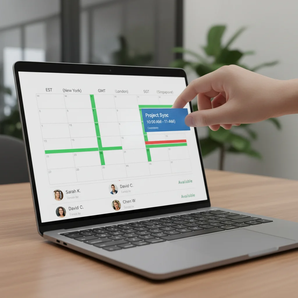 Hand rescheduling an event on a digital calendar showing multiple time zones and attendee availability