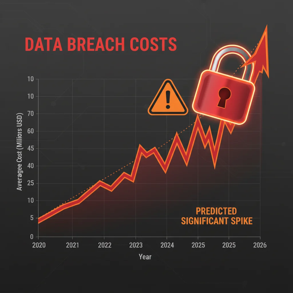 Rising data breach costs graph with padlock and warning symbol, highlighting financial risk.